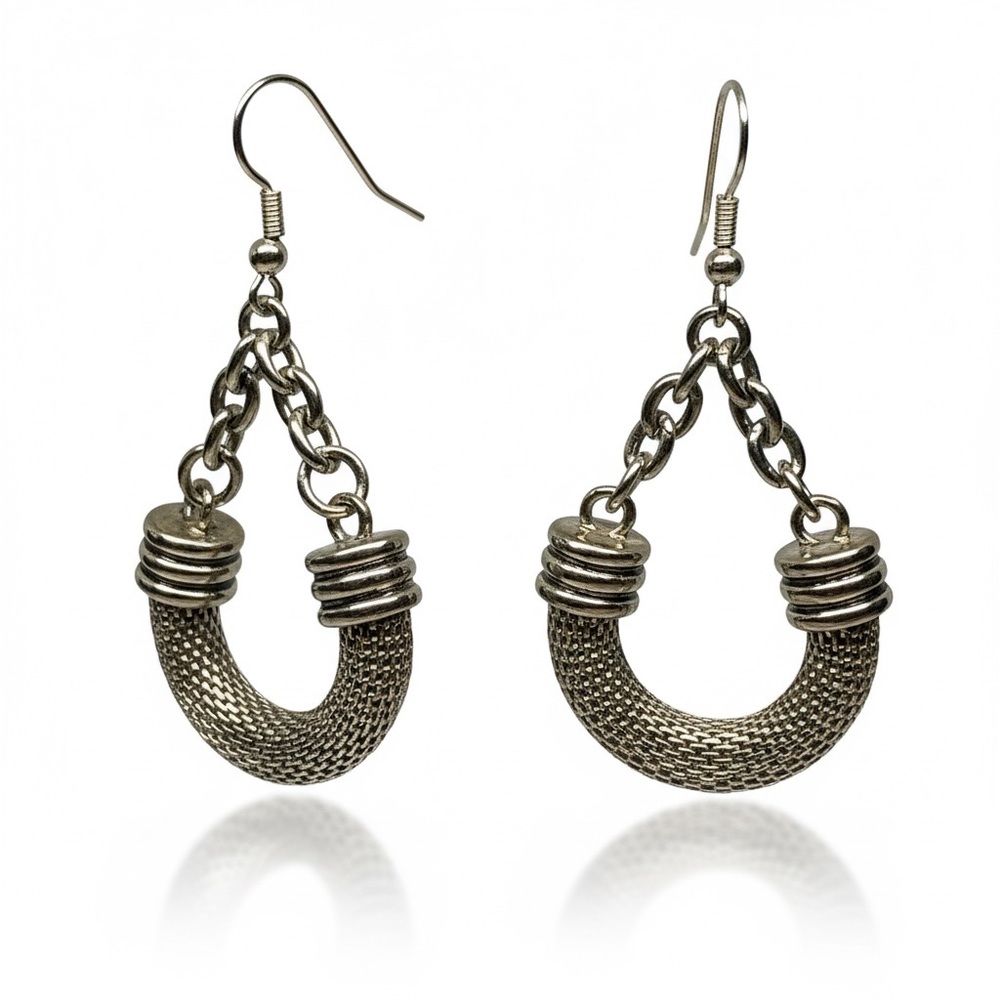 Vintage Modernist Silver Tone Mesh U Drop Earrings Industrial Brutalist Dangle